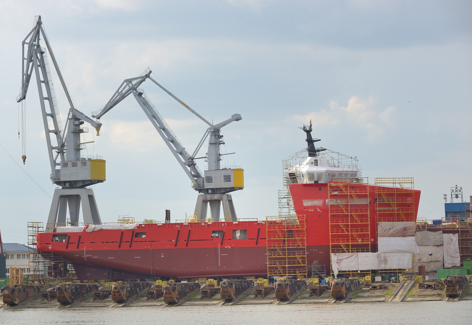 Ship under construction in the dry dock