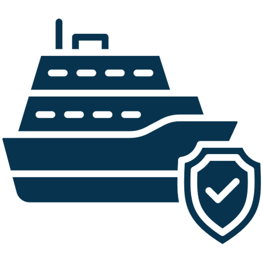 Cargo ship icon with a shield symbol