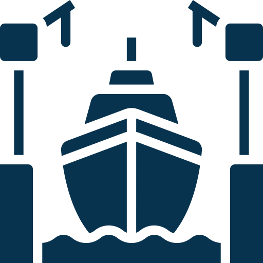 A simplified icon depicting a boat between two dock structures