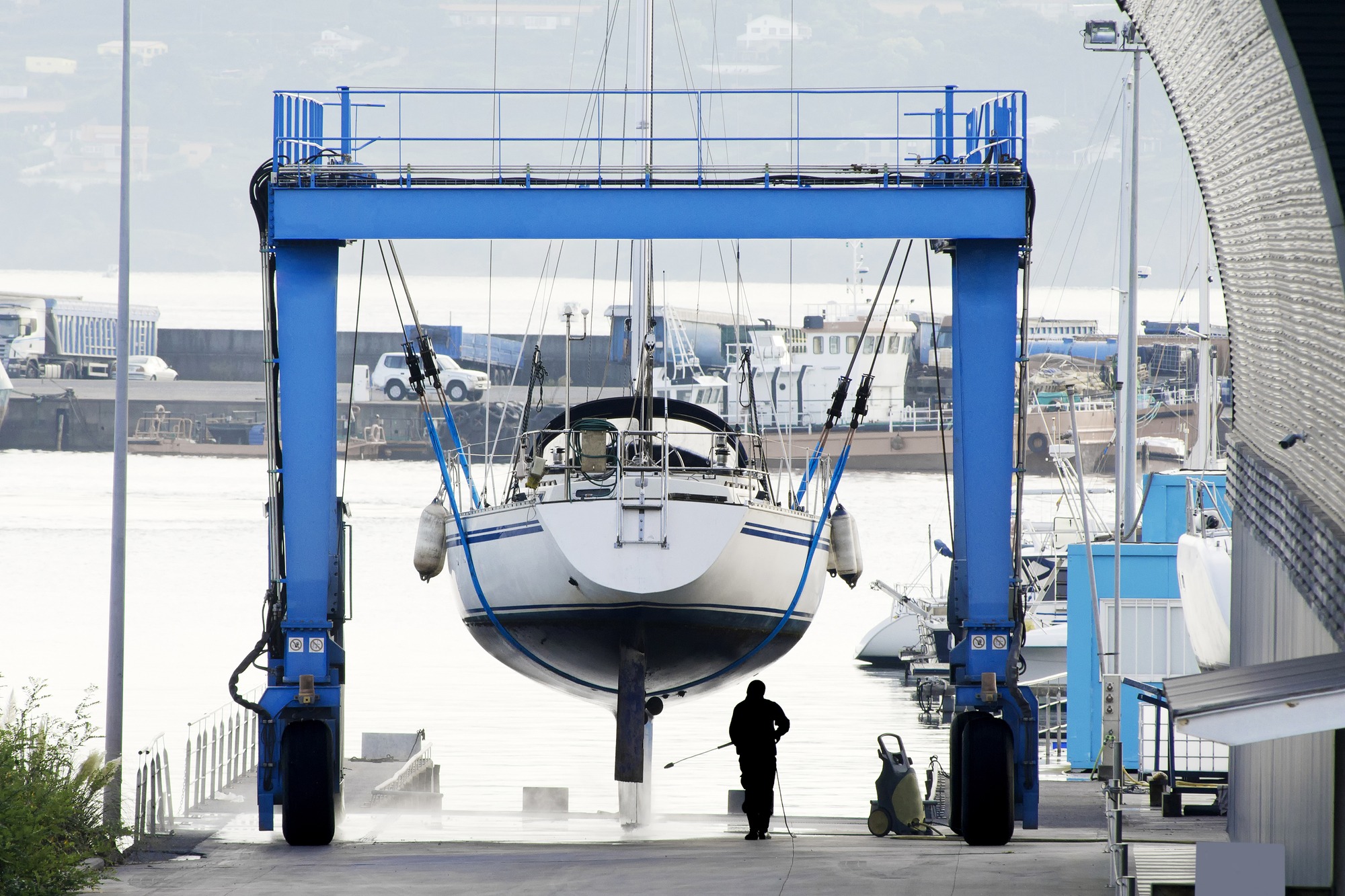 Sailboat in shipyard for repair and maintenance